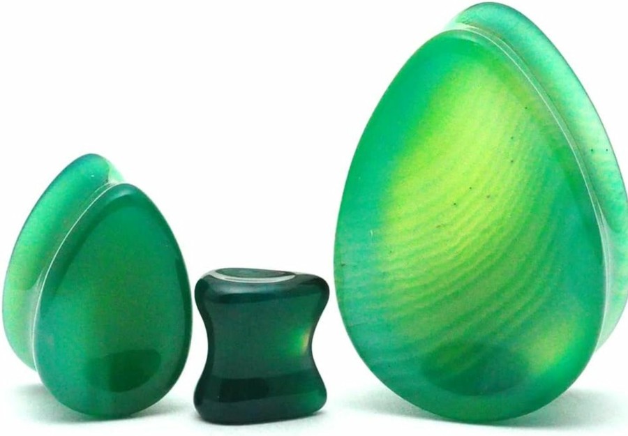 Mystic Metals Body Jewelry Pair Of Concave Green Line Agate Teardrop Plugs (Stn-685) Body Piercing Plugs