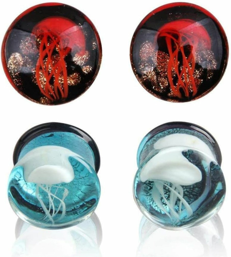 NewZenro Newzenro Glass Ocean Jellyfish Ear Plugs Gauges Tunnel Expanders Stretcher Unique Earrings Double Flared Piercings Body Jewelry Blue Red Set (1/2\"(12Mm)) Body Piercing Plugs