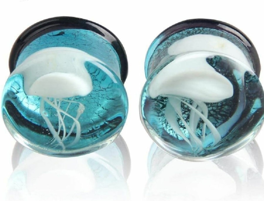 NewZenro Newzenro Glass Ocean Jellyfish Ear Plugs Gauges Tunnel Expanders Stretcher Unique Earrings Double Flared Piercings Body Jewelry Blue Red Set (1/2\"(12Mm)) Body Piercing Plugs