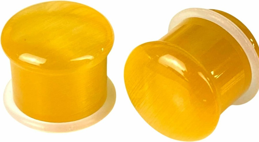 Generic Pair Of Yellow Cat Eye Stone Single Flare Plugs (Stn-723) Body Piercing Plugs