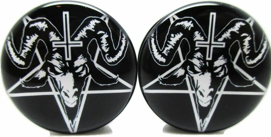 Unknown Pair* Black Baphomet W/Pentagram & Cross Ear Plugs - Acrylic Screw-On - 10 Sizes (0 Gauge (8Mm)) Body Piercing Plugs