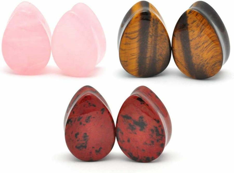 Mystic Metals Body Jewelry Mystic Metals Body Jewelry Set Of 3 Pairs Teardrop Stone Plugs - Tiger Eye, Mahogany Obsidian, Rose Quartz Body Piercing Plugs