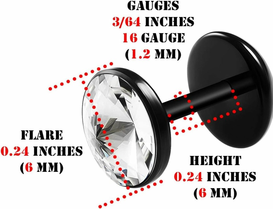 BIG GAUGES Big Gauges Pair Of Black Acrylic 16G Gauge 1.2Mm 1/4 (6Mm) Fake Plugs Crystal Piercing Jewelry Ear Cheater Illusion Earring Lobe Body Piercing Plugs