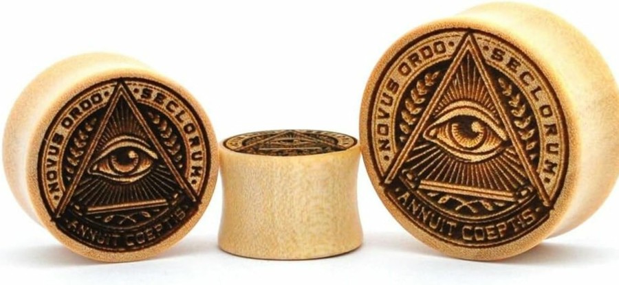 Mystic Metals Body Jewelry Pair Of Laser Engraved Crocodile Wood All Seeing Eye Plugs (Pw-264) Body Piercing Plugs