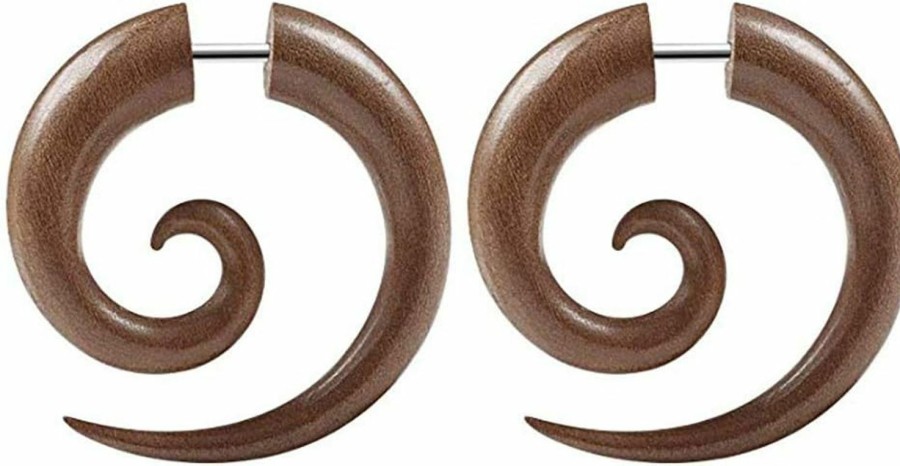 Forbidden Body Jewelry Forbidden Body Jewelry Organic Sawo Wood Fake Spiral Plug Earrings With 16G Steel Post, Sold As Pair Body Piercing Plugs