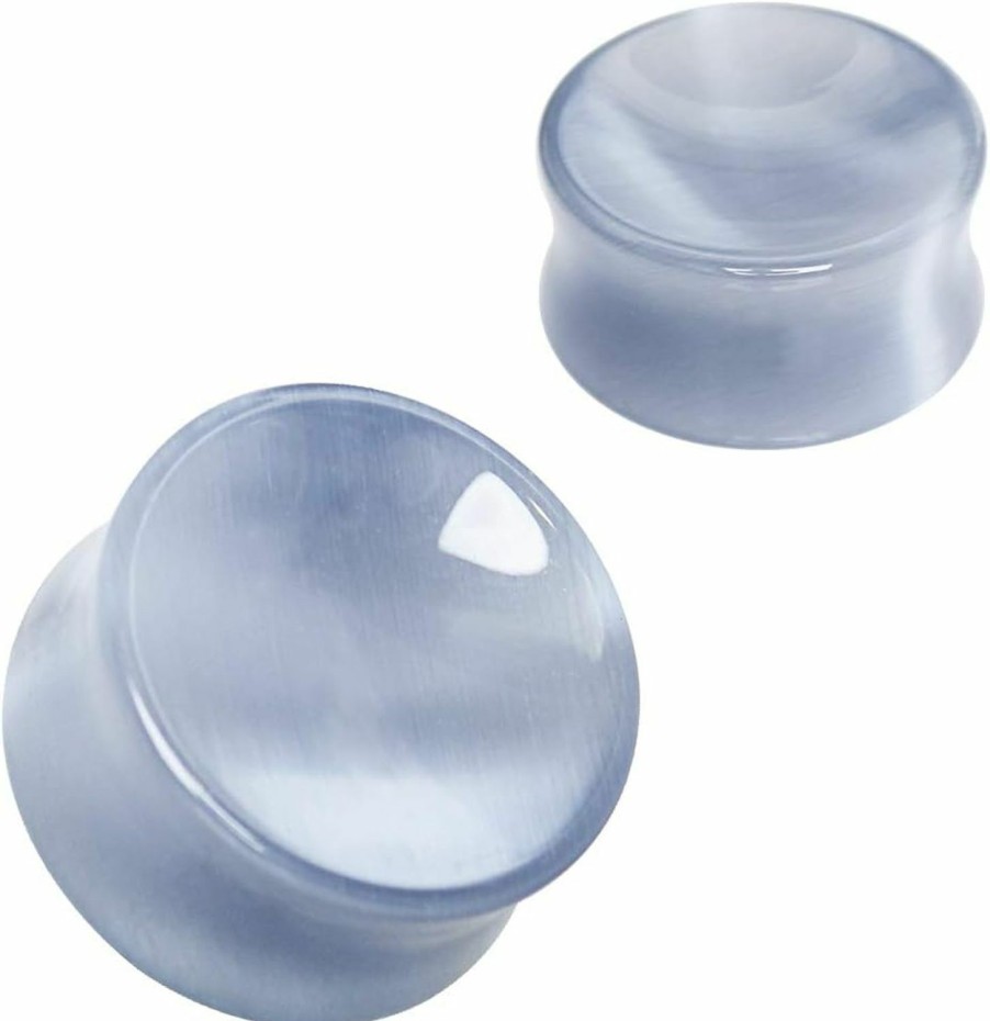 blue palm jewelry Blue Palm Jewelry Pair Of Light Gray Cat Eyes Stone Double Flare Concave Stone Ear Plugs Expander Gauges 2Ga - 1 Inch E606 Body Piercing Plugs