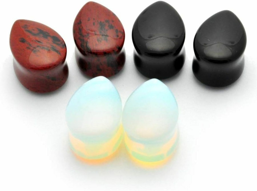 Mystic Metals Body Jewelry Mystic Metals Body Jewelry Set Of 3 Pairs Teardrop Stone Plugs - Black Onyx, Opalite, Mahogany Obsidian Body Piercing Plugs