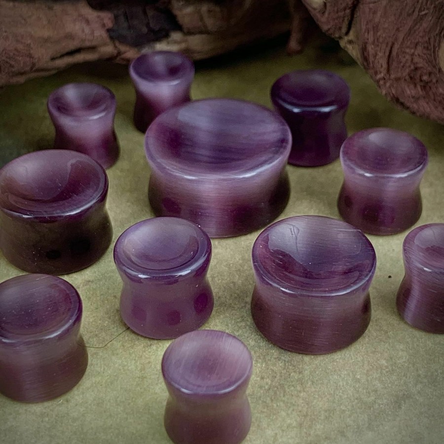 Mystic Metals Body Jewelry Pair Of Purple Cat Eye Stone Double Flare Concave Plugs (Stn-670) Body Piercing Plugs