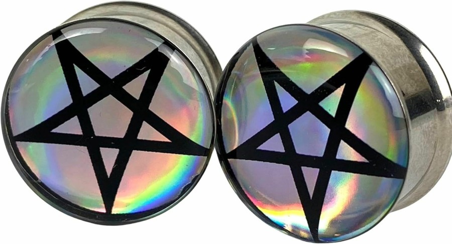 Mystic Metals Body Jewelry Pair Of Holographic Pentagram Double Flared Picture Plugs (Mto-063) Body Piercing Plugs