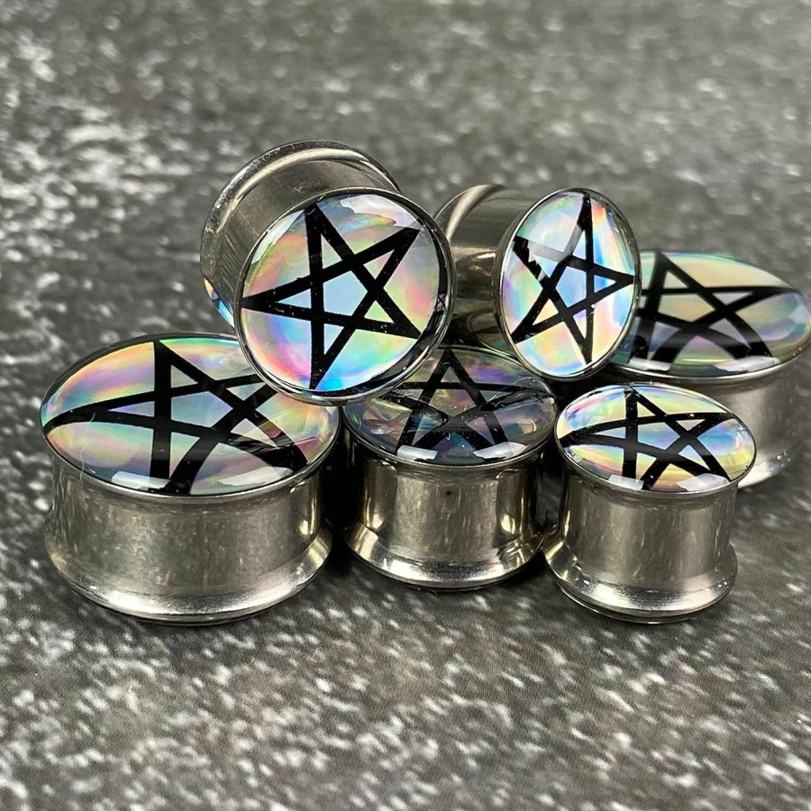 Mystic Metals Body Jewelry Pair Of Holographic Pentagram Double Flared Picture Plugs (Mto-063) Body Piercing Plugs