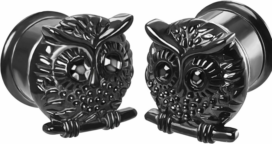 DEWGEM Screw Ear Gauges Plugs For Men Owl Ear Plugs And Tunnels For Women Size 0G 00G Ear Plugs Gauges Black Skull Ear Saddles Size 0 Gauge To 5/8 Inch Stainless Steel Ear Gauges Body Piercing Plugs