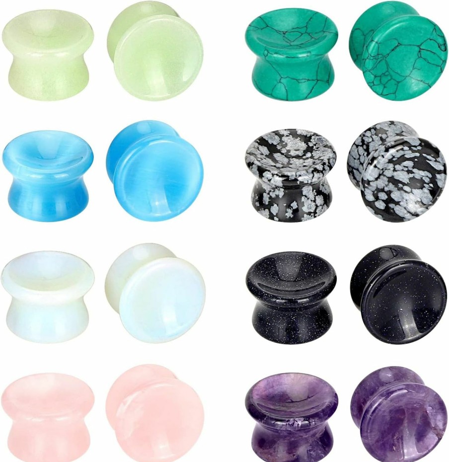 Longbeauty Longbeauty 16Pcs Stone Ear Plugs Double Flare Concave Ear Stretching Gauges Expanders 2G-5/8 Body Piercing Plugs