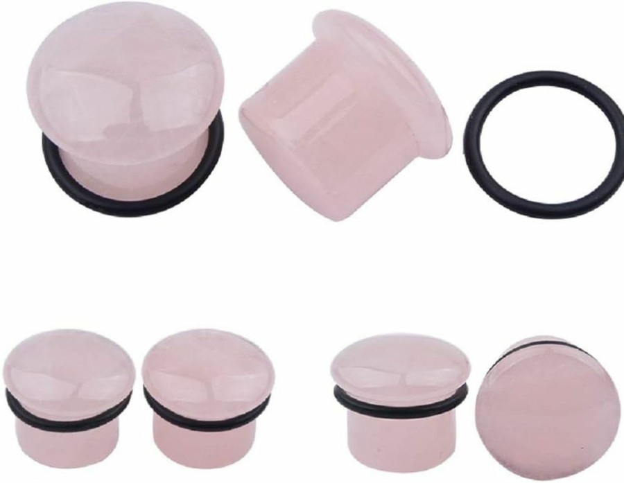 Changgaijewelry Single Flared Rose Rose Quartz Ear Gauges Plugs Tunnels Expanders Natural Stone Earrings Piercing Jewelry (9/16\"(14Mm)) Body Piercing Plugs