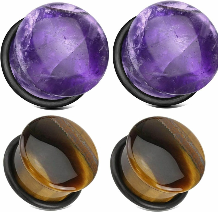 Zaya Body Jewelry Zaya Body Jewelry 2 Pairs Amethyst Tiger Eye Single Flare Organic Stone Plugs Ear Gauges 00G 0G 2G 4G 6G Body Piercing Plugs