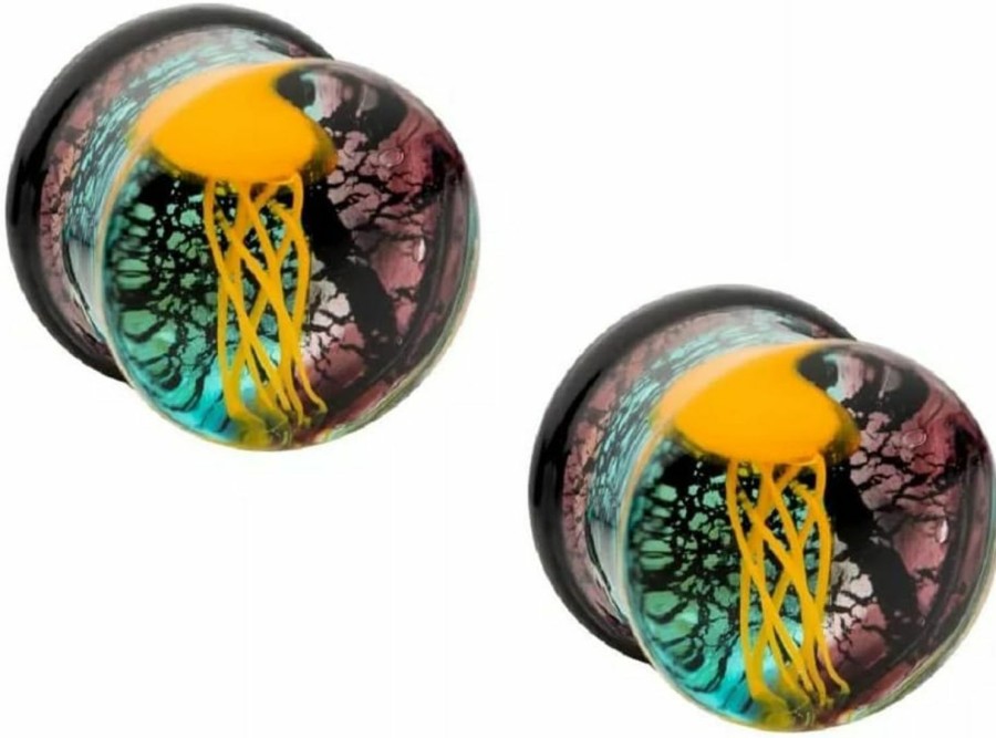 Pierced Owl Pierced Owl Glass Yellow Floating Jellyfish Double Flared Plugs, Sold As Pair Body Piercing Plugs