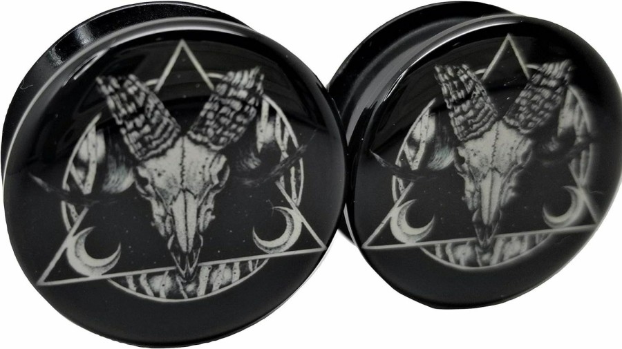 Pierced Republic Pierced Republic Ram Skull Black & White Ear Plugs - Acrylic Screw-On - 10 Sizes Pair* Body Piercing Plugs