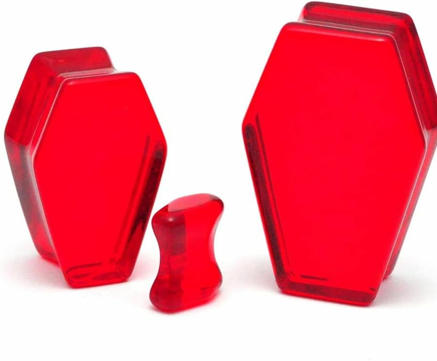 Generic Pair Of Ruby Red Glass Coffin Shaped Double Flare Plugs (Pg-567) Body Piercing Plugs