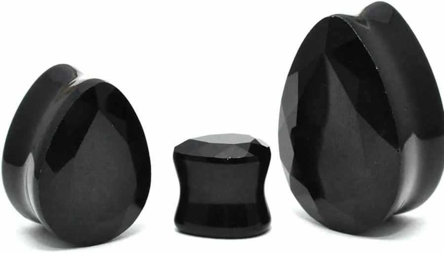 Generic Pair Of Faceted Black Glass Teardrop Plugs (Pg-575) (2G (6Mm)) Body Piercing Plugs