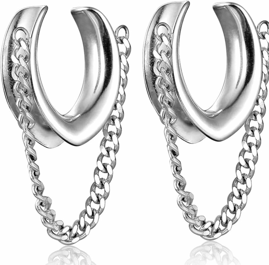 Casvort Casvort 2 Pcs Hypoallergenic 0G-1" Comfy Chain Saddle Plugs Hangers 316 Surgical Stainless Steel Fashionable Ear Gauges Body Piercing Jewelry Body Piercing Plugs