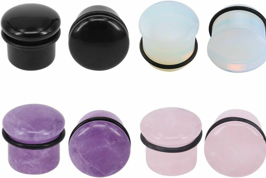 PunkTracker 4 Pairs 4G-11/16\" Mixed Natural Stone Ear Plugs Gauges Single Flared Stretchers Expander With Silicone O-Rings Body Piercing Plugs