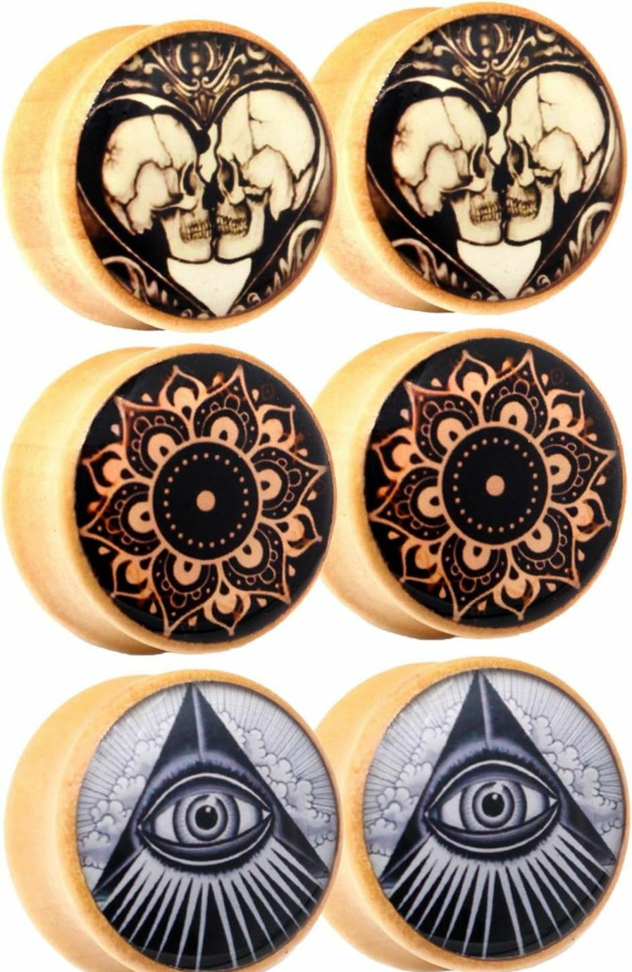 Awinrel Awinrel Wood Saddle Ear Gauge Plugs Flesh Tunnel Stretcher Piercing Eyelet Mandala Skull Illuminati All Seeing Eye 3 Pairs Body Piercing Plugs