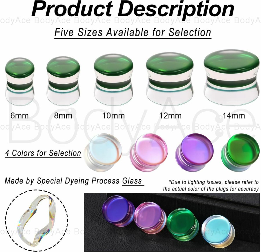 BodyAce Bodyace Clear Glass Double Flared Concave Saddle Plugs, 6-14Mm Clear Plug Glass Ear Gauges, Iridescent Earring Expander 1Pair Solid Ear Stretcher Body Piercing Plugs