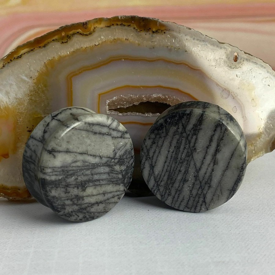 Mystic Metals Body Jewelry Pair Of Black Net Jasper Stone Double Flare Plugs (Stn-730) Body Piercing Plugs