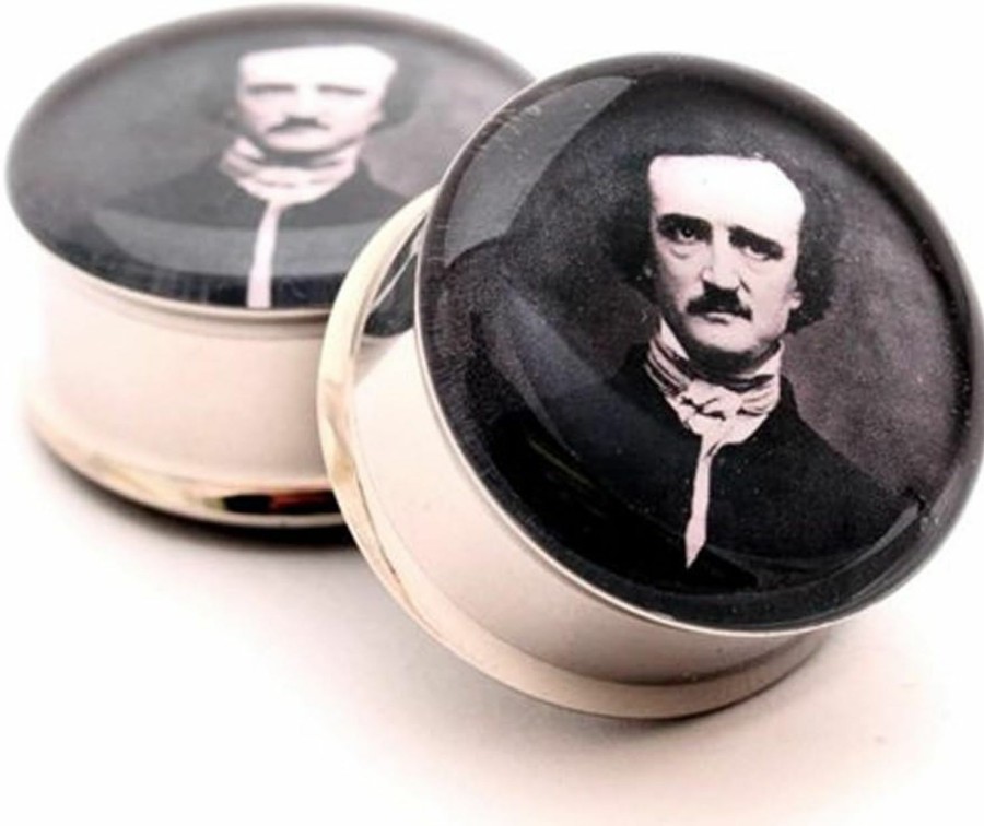 Mystic Metals Body Jewelry Mystic Metals Body Jewelry Edgar Allan Poe Picture Plugs - 7/8 Inch - 22Mm - Sold As A Pair Body Piercing Plugs