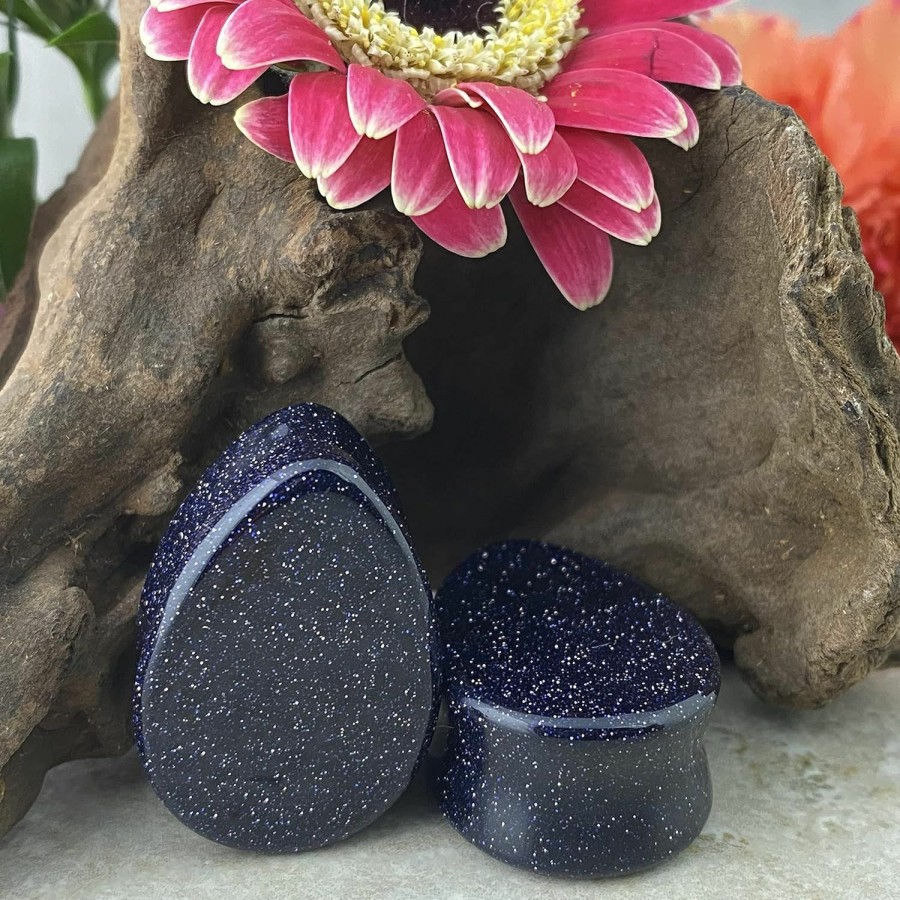 Mystic Metals Body Jewelry Pair Of Blue Sandstone Teardrop Shaped Double Flare Plugs (Stn-691) Body Piercing Plugs