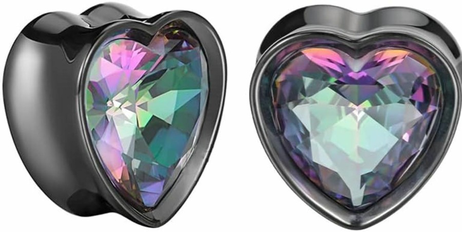 NewZenro Heart Black Rainbow Cz Love Ear Gauges Plugs Tunnels Expanders Stretcher Surgical Stainless Steel Vintage Cubic Zirconia Earrings Piercing Body Jewelry Body Piercing Plugs