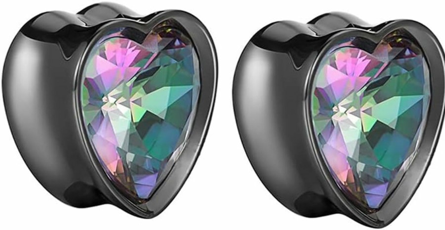 NewZenro Heart Black Rainbow Cz Love Ear Gauges Plugs Tunnels Expanders Stretcher Surgical Stainless Steel Vintage Cubic Zirconia Earrings Piercing Body Jewelry Body Piercing Plugs