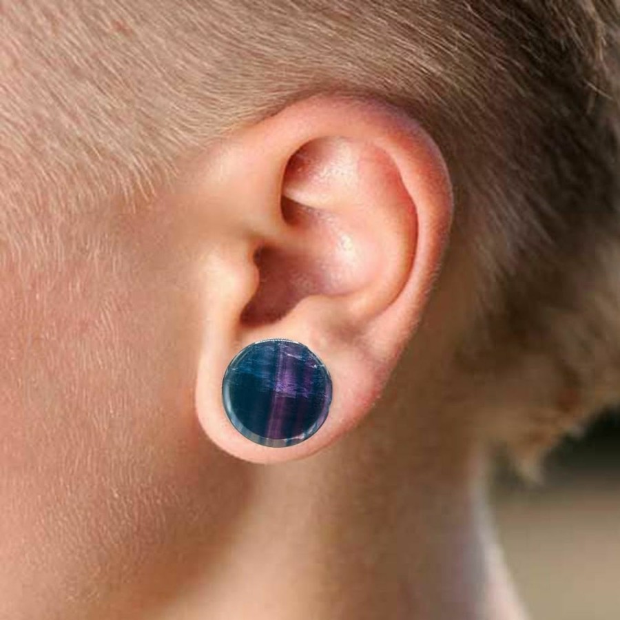 blue palm jewelry Blue Palm Jewelry Pair Of Rainbow Fluorite Single Flare Stone Ear Plugs Silicone O-Ring Expander Gauges 0Ga - 1 Inch E618 Body Piercing Plugs