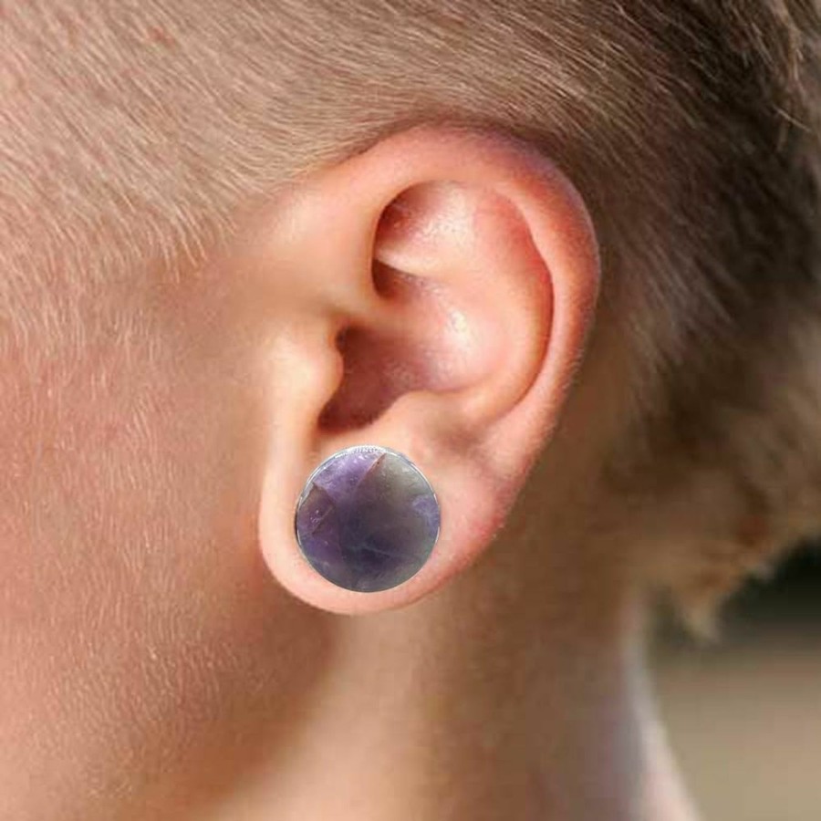 blue palm jewelry Blue Palm Jewelry Pair Of Amethyst Single Flare Stone Ear Plugs Silicone O-Ring Expander Gauges 8Ga - 1 Inch E615 Body Piercing Plugs