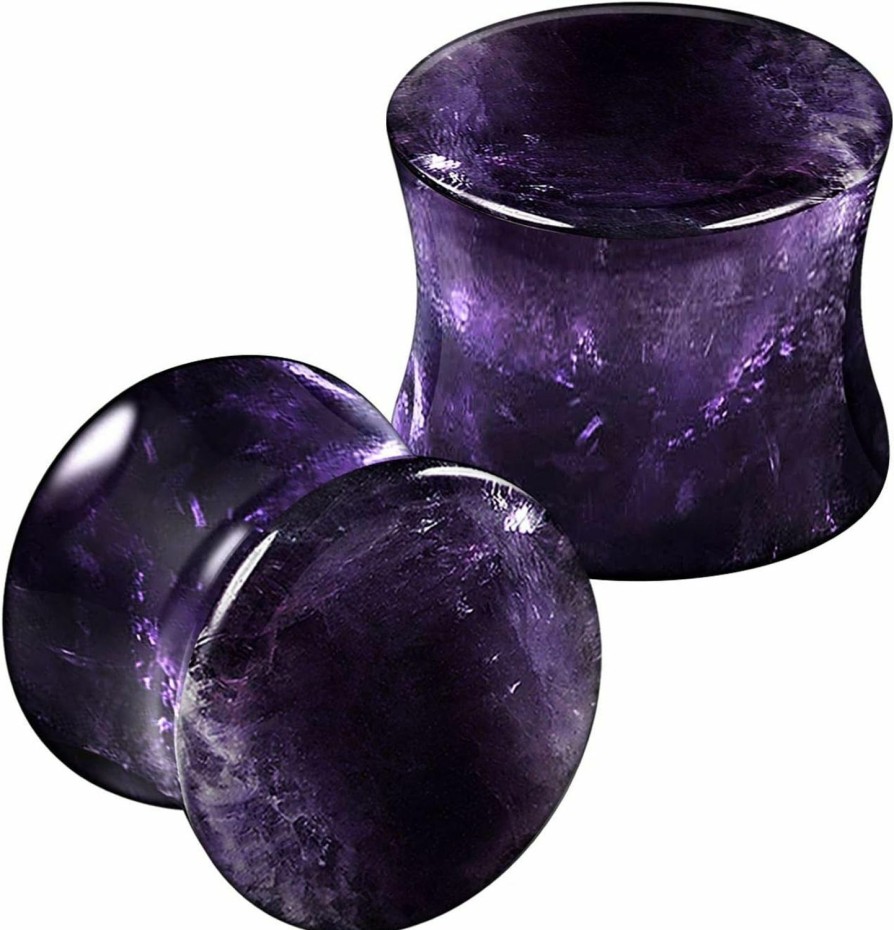 BanaVega Banavega Organic Stone Amethyst Double Flared Saddle Ear Gauge Double Flare Plugs Stretcher Lobe Earring Piercing Jewelry Choose Sizes Body Piercing Plugs