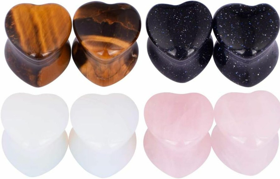 Stuppendux Stuppendux 4Style Or 2Style Heart Shaped Stone Double Flared Ear Tunnels Plugs Stretcher Expander Kit Gauge 2G-1\" Body Piercing Plugs