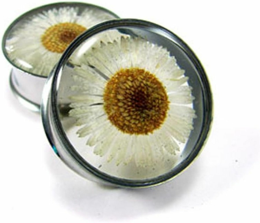 Mystic Metals Body Jewelry Mystic Metals Body Jewelry Embedded Real Daisy Flower Plugs - Sold As A Pair Body Piercing Plugs