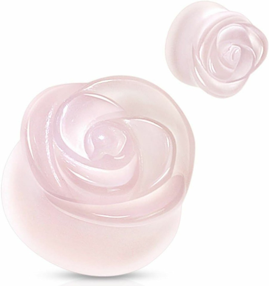 Dynamique Dynamique Pair Of Rose Quartz Semi Precious Stone Rose Carved On Single Side Double Flare Plugs Body Piercing Plugs