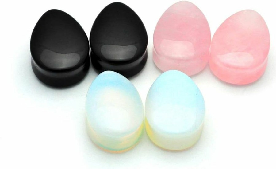 Mystic Metals Body Jewelry Mystic Metals Body Jewelry Set Of 3 Pairs Teardrop Stone Plugs - Black Onyx, Opalite, Rose Quartz Body Piercing Plugs