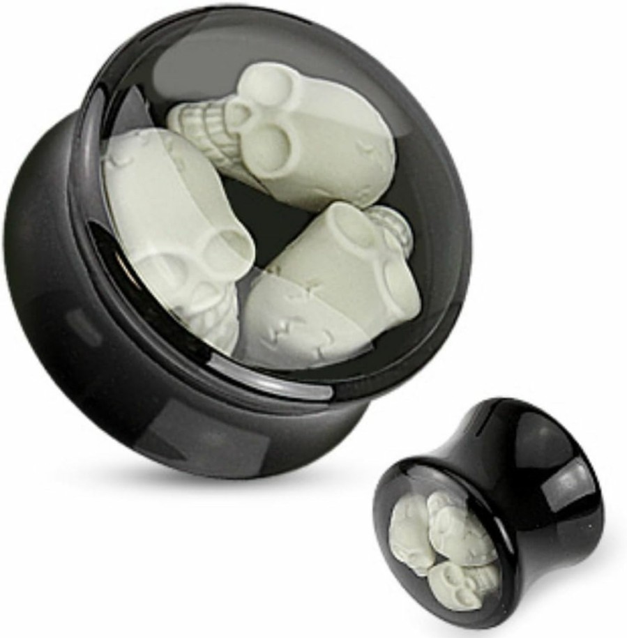 WildKlass Jewelry Triple Skull Enclosure Inlay Black Acrylic Wildklass Saddle Plug (Sold As A Pair) Body Piercing Plugs