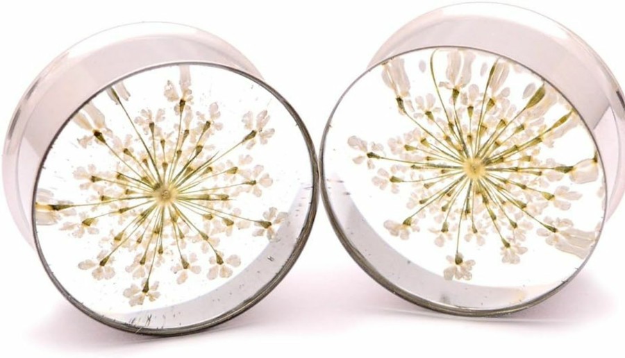 Mystic Metals Body Jewelry Mystic Metals Body Jewelry Embedded Real White Queen Anne'S Lace Flower Plugs - Sold As A Pair Body Piercing Plugs