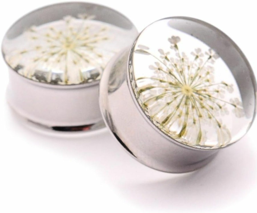 Mystic Metals Body Jewelry Mystic Metals Body Jewelry Embedded Real White Queen Anne'S Lace Flower Plugs - Sold As A Pair Body Piercing Plugs