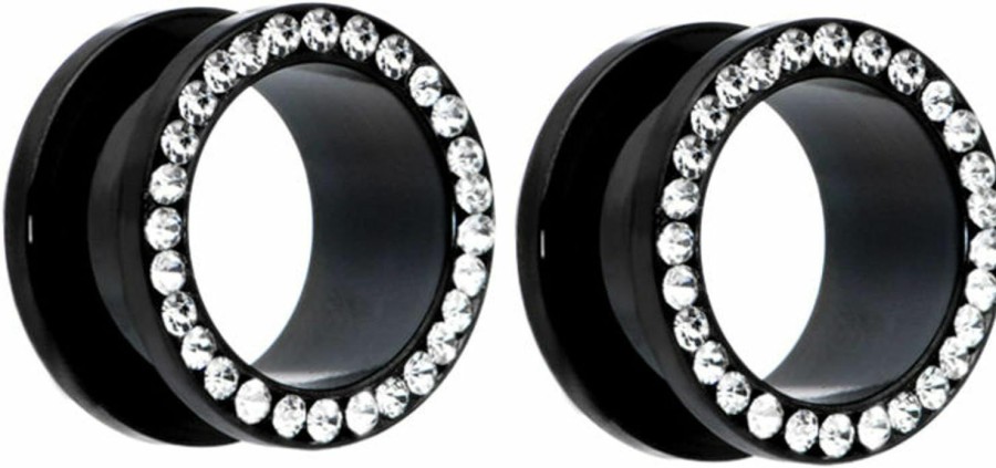 Zaya Body Jewelry Zaya Body Jewelry Pair Of Black Titanium Clear Gem Gauges Tunnels Steel Ear Plugs 8G - Inch Body Piercing Plugs