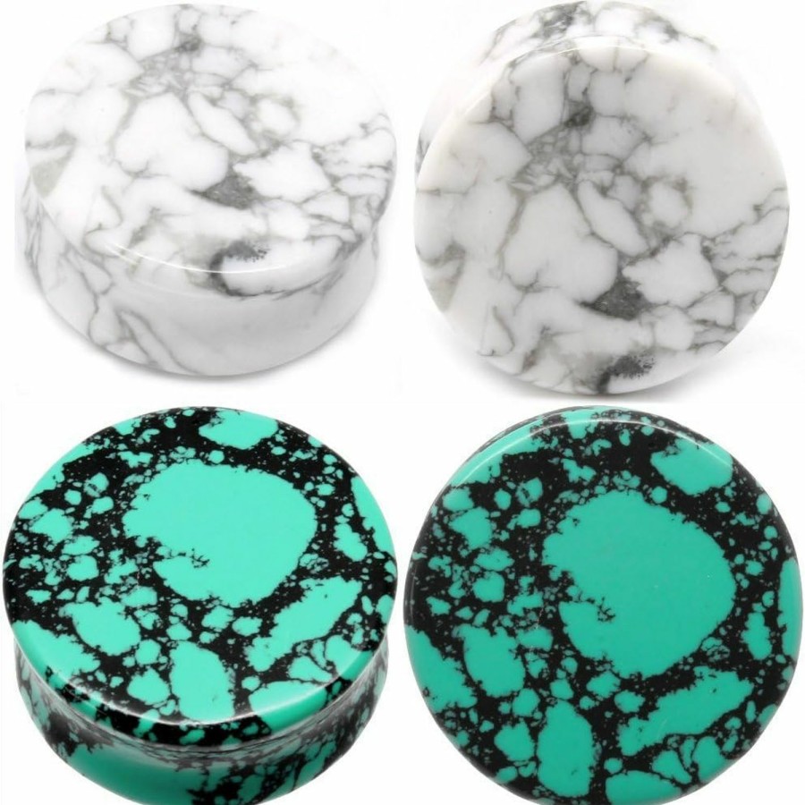 So Scene 2 Pair Combo Aqua Green/Teal Howlite & White Howlite Organic Stone Ear Plugs Gauges Body Piercing Plugs