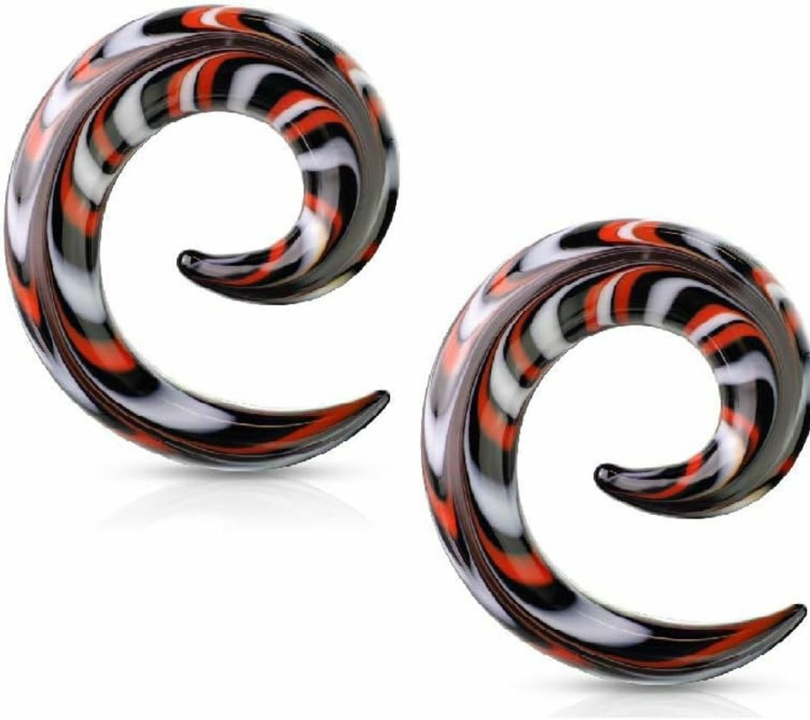 Pierced Owl Pierced Owl - Black, Red, And White Swirled Glass Spiral Tapered Hanger Ear Plugs, Sold As A Pair Body Piercing Plugs