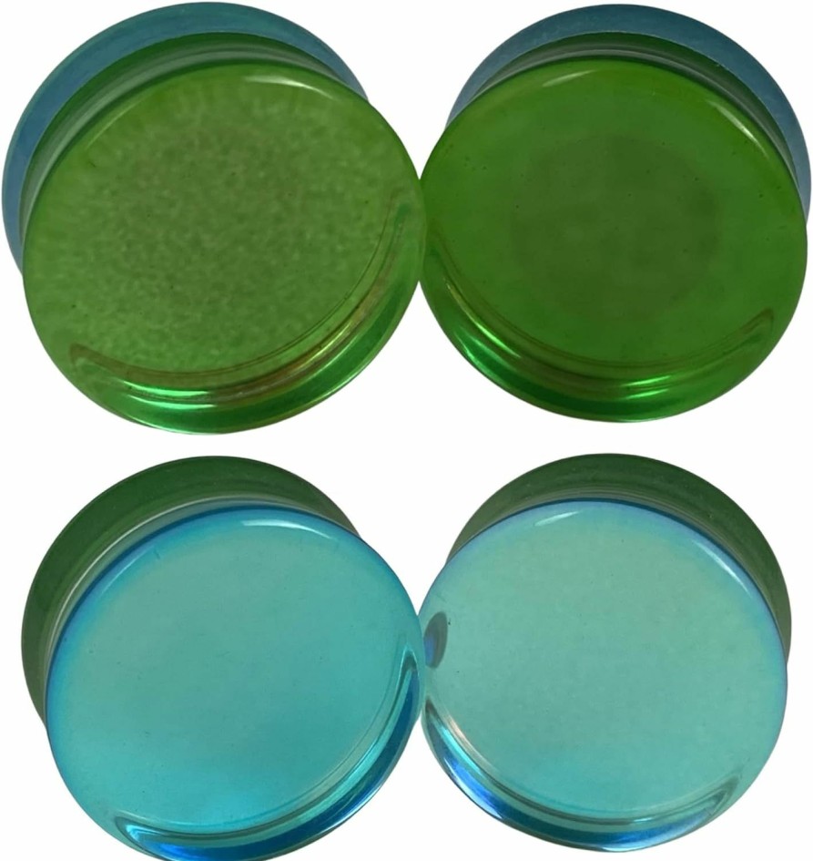 Mystic Metals Body Jewelry Pair Of Green/Aqua Iridescent Double Sided Glass Plugs (Pg-604) Body Piercing Plugs