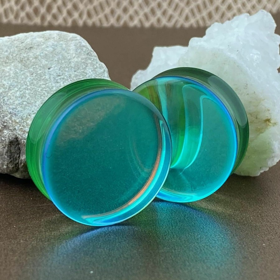 Mystic Metals Body Jewelry Pair Of Green/Aqua Iridescent Double Sided Glass Plugs (Pg-604) Body Piercing Plugs