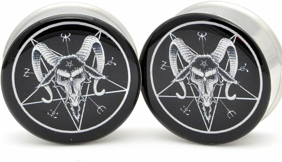 Mystic Metals Body Jewelry Mystic Metals Body Jewelry Large Gauge Baphomet Pentagram Style 2 Picture Plugs - Sold As A Pair Body Piercing Plugs