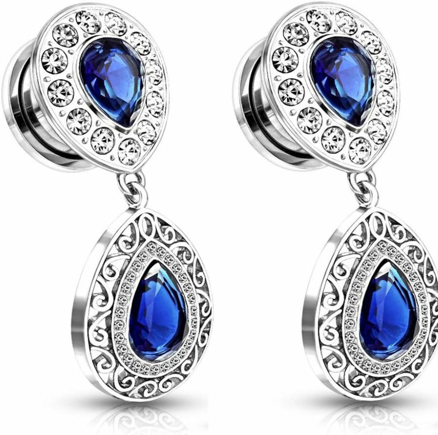 Pierced Owl Pierced Owl - Stainless Steel Blue Cz Crystal Paved Tear Drop Filigree Dangling Plug Gauges, Sold As Pair Body Piercing Plugs