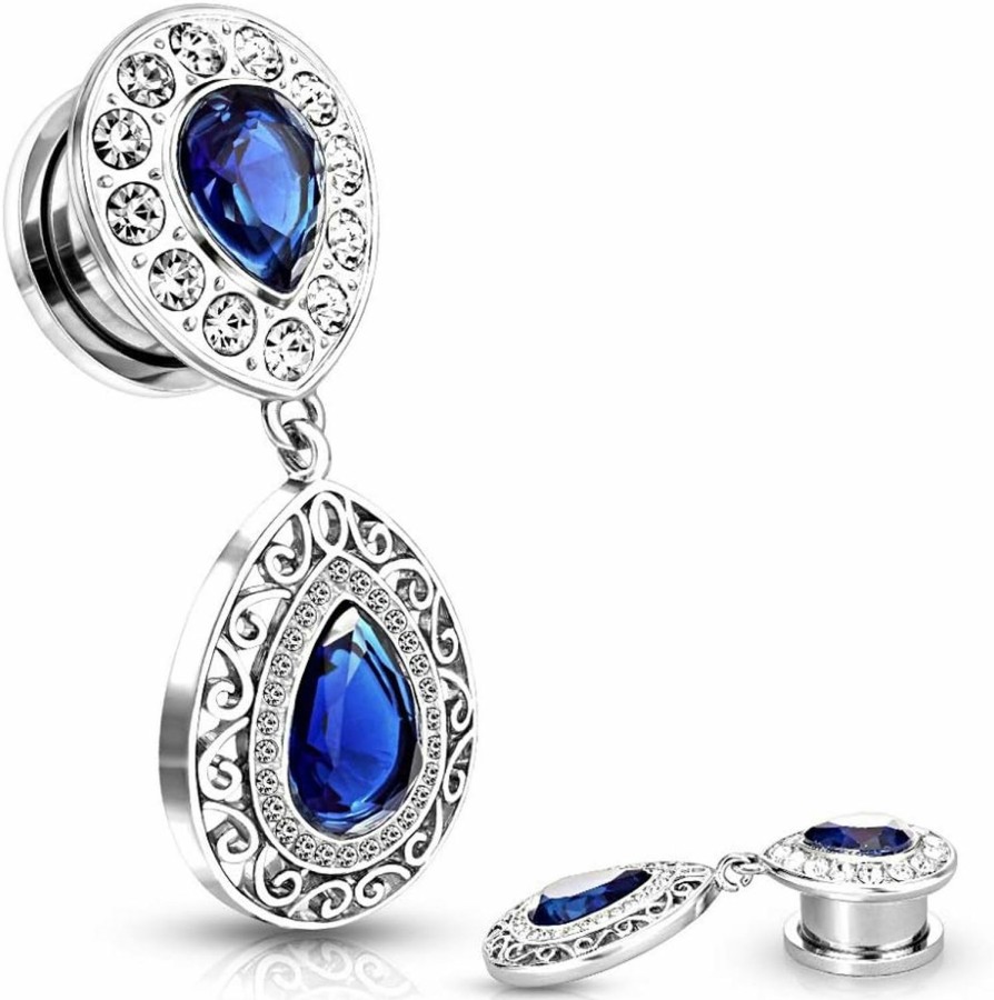 Pierced Owl Pierced Owl - Stainless Steel Blue Cz Crystal Paved Tear Drop Filigree Dangling Plug Gauges, Sold As Pair Body Piercing Plugs